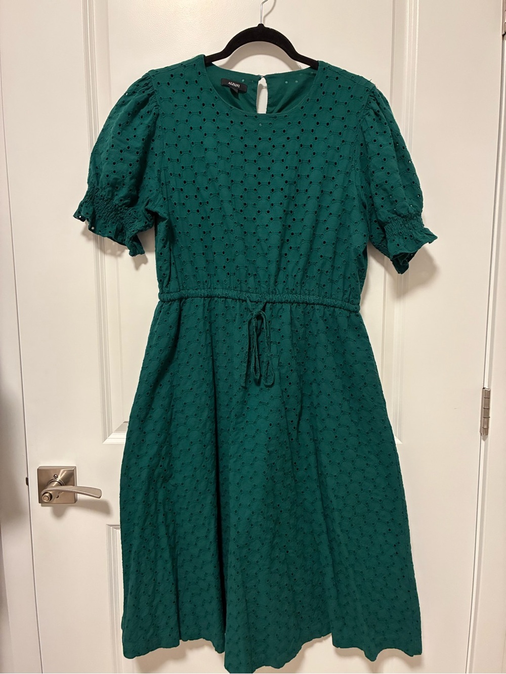 Alfani Dark Green Eyelet Tie-Waist Dress